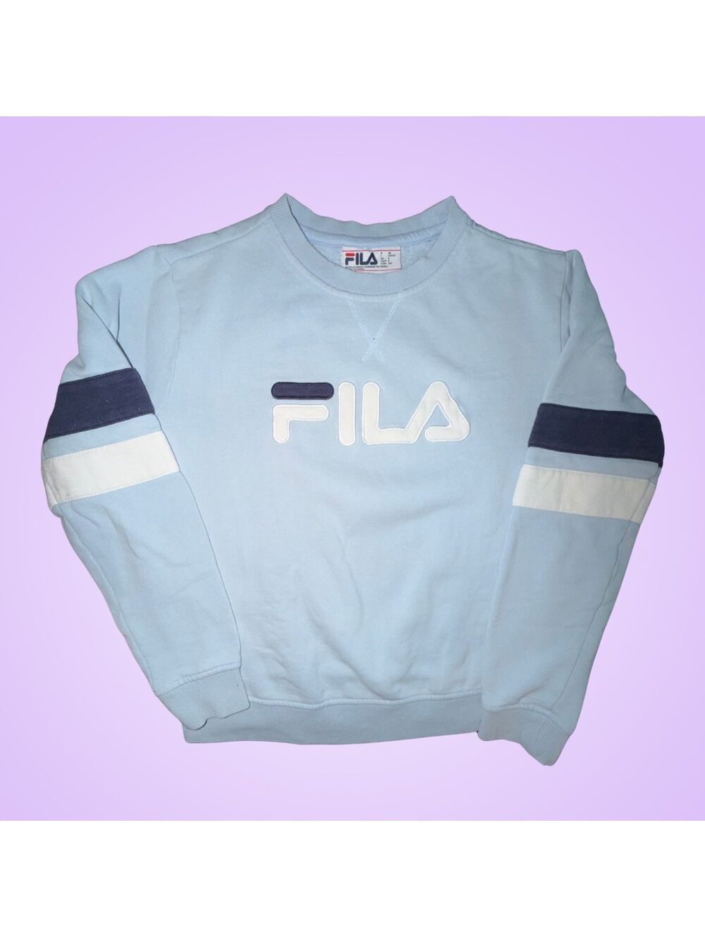 FILA Women’s Small Blue Natalie Varsity Stripe Logo Crewneck Sweatshirt